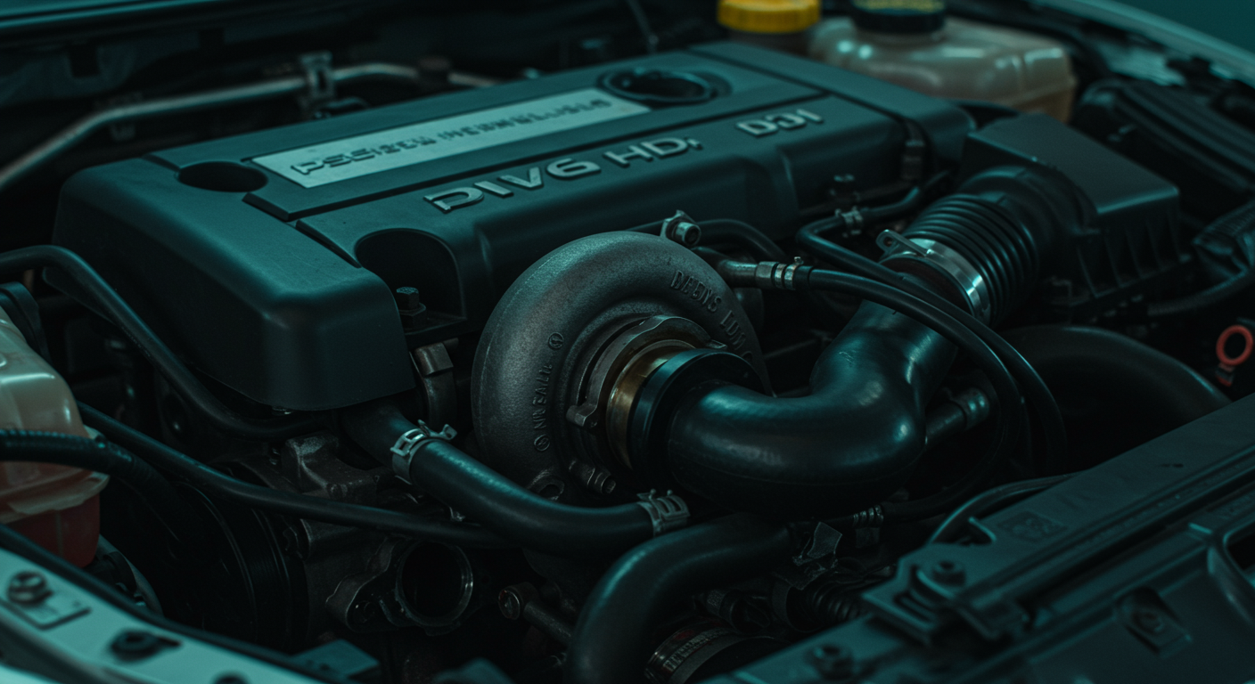 Moteur PSA DV6 1.6 HDi en gros plan avec durites d'arrivée d'huile au turbo