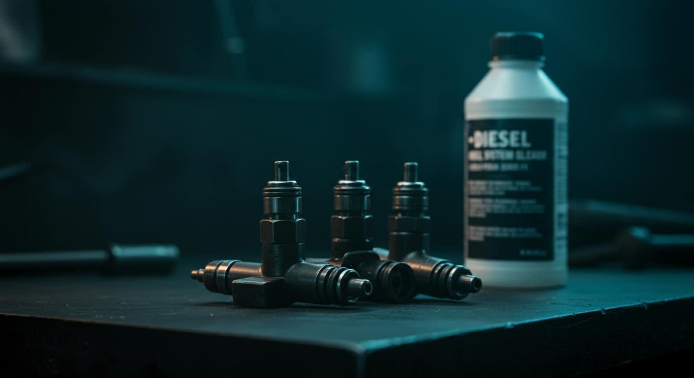 Injecteurs diesel propres alignés sur un établi
