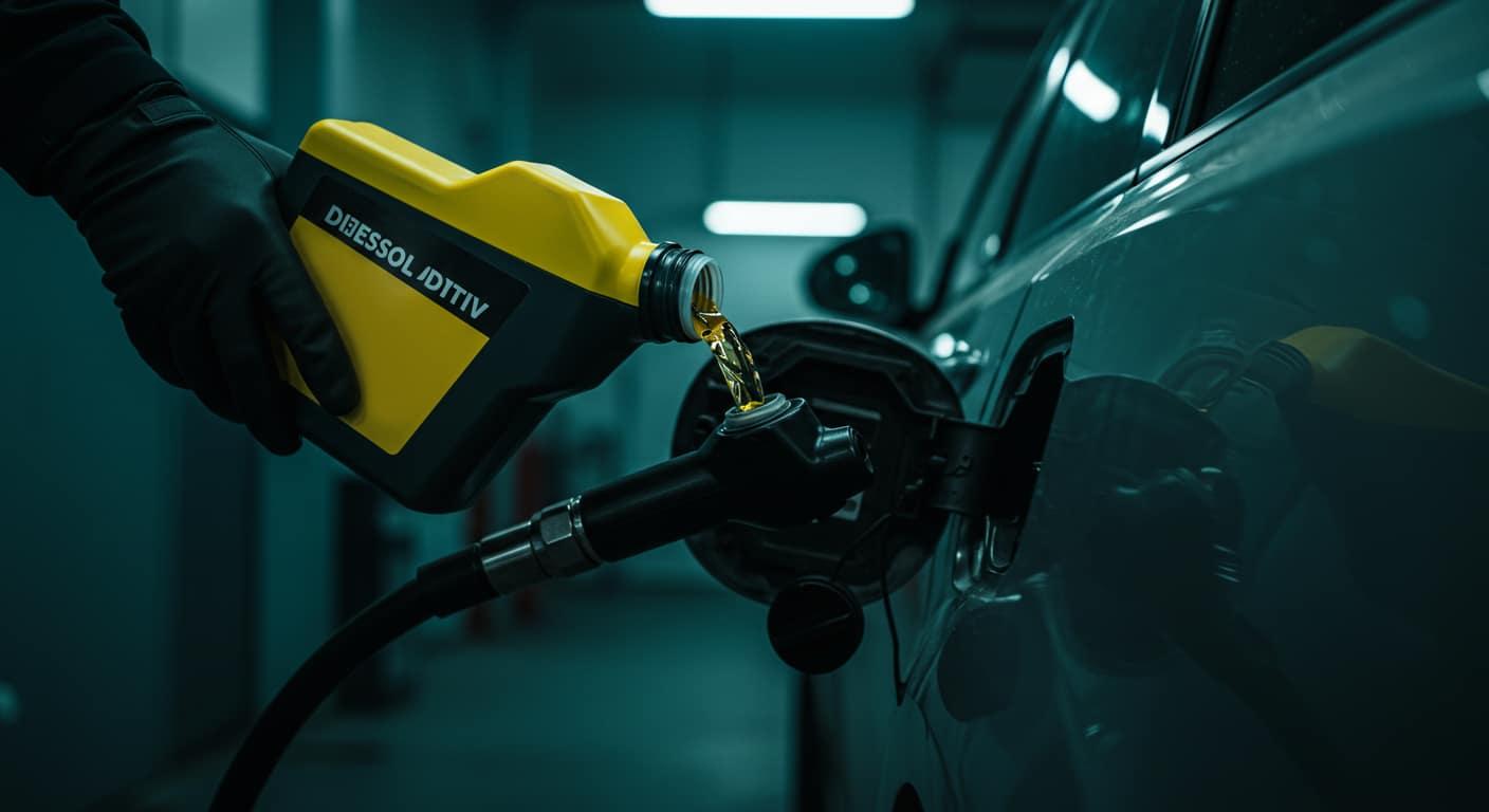 Additif diesel versé dans la goulotte de remplissage du réservoir