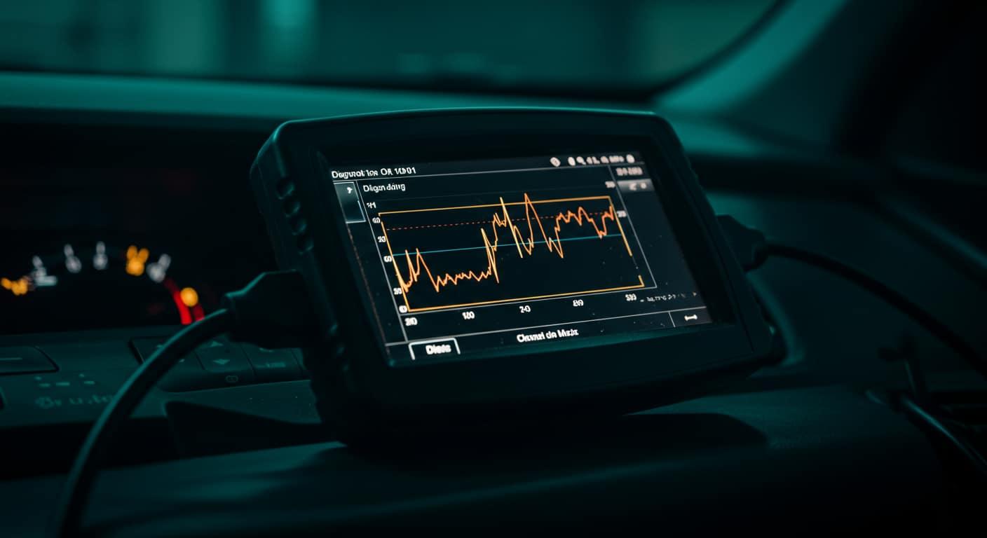 Valise OBD affichant les données moteur en direct sur un diesel
