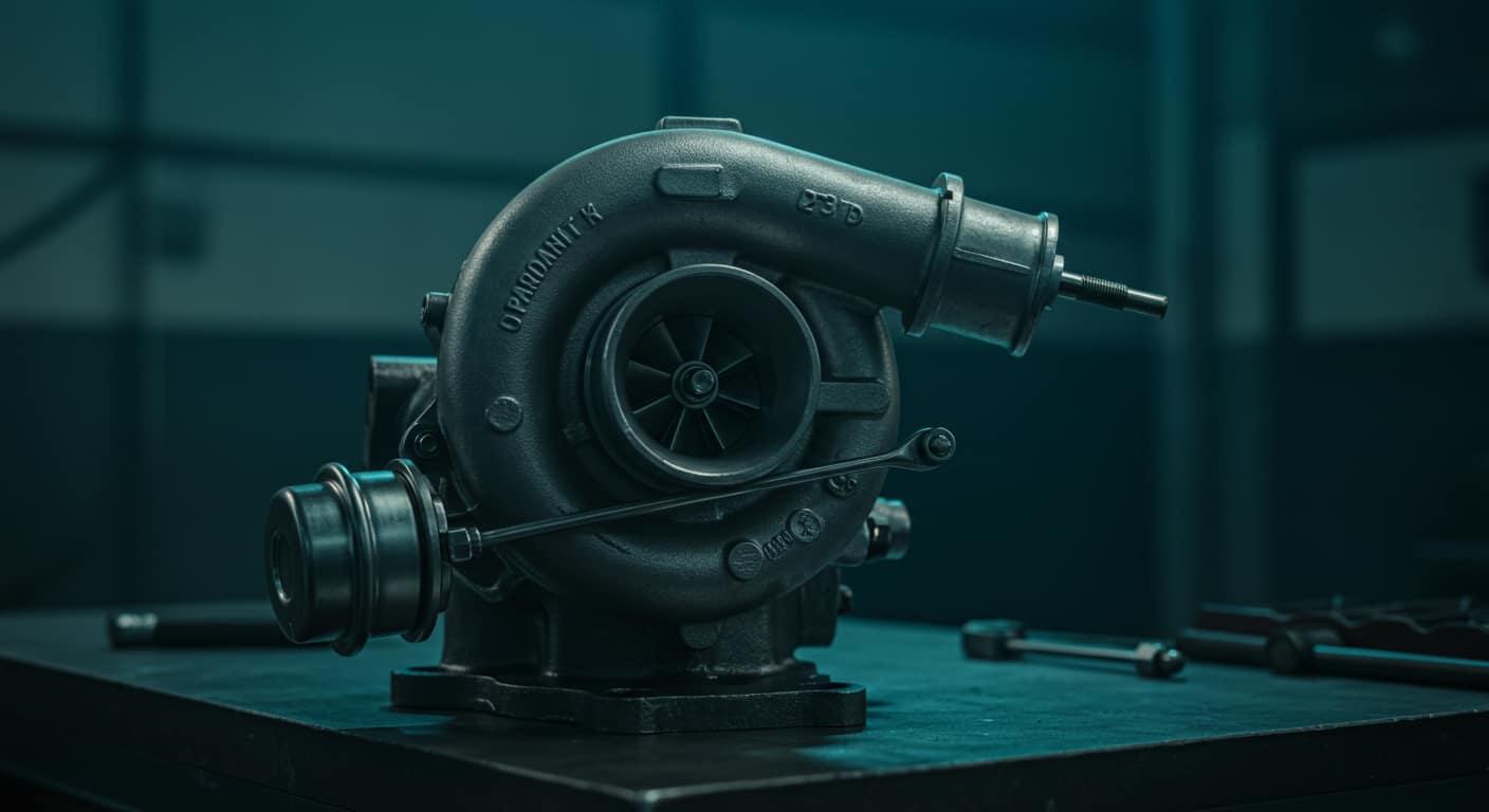 Turbocompresseur avec actuator de wastegate posé sur un établi d'atelier