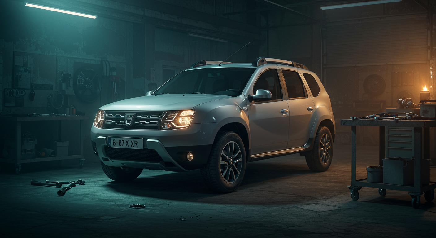 Dacia Duster en atelier mécanique, vue trois quarts avant