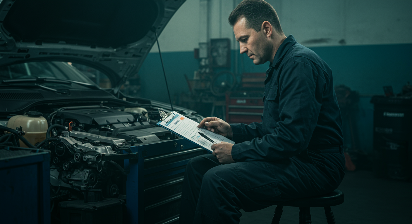 Mécanicien consultant une fiche technique devant un moteur diesel démonté