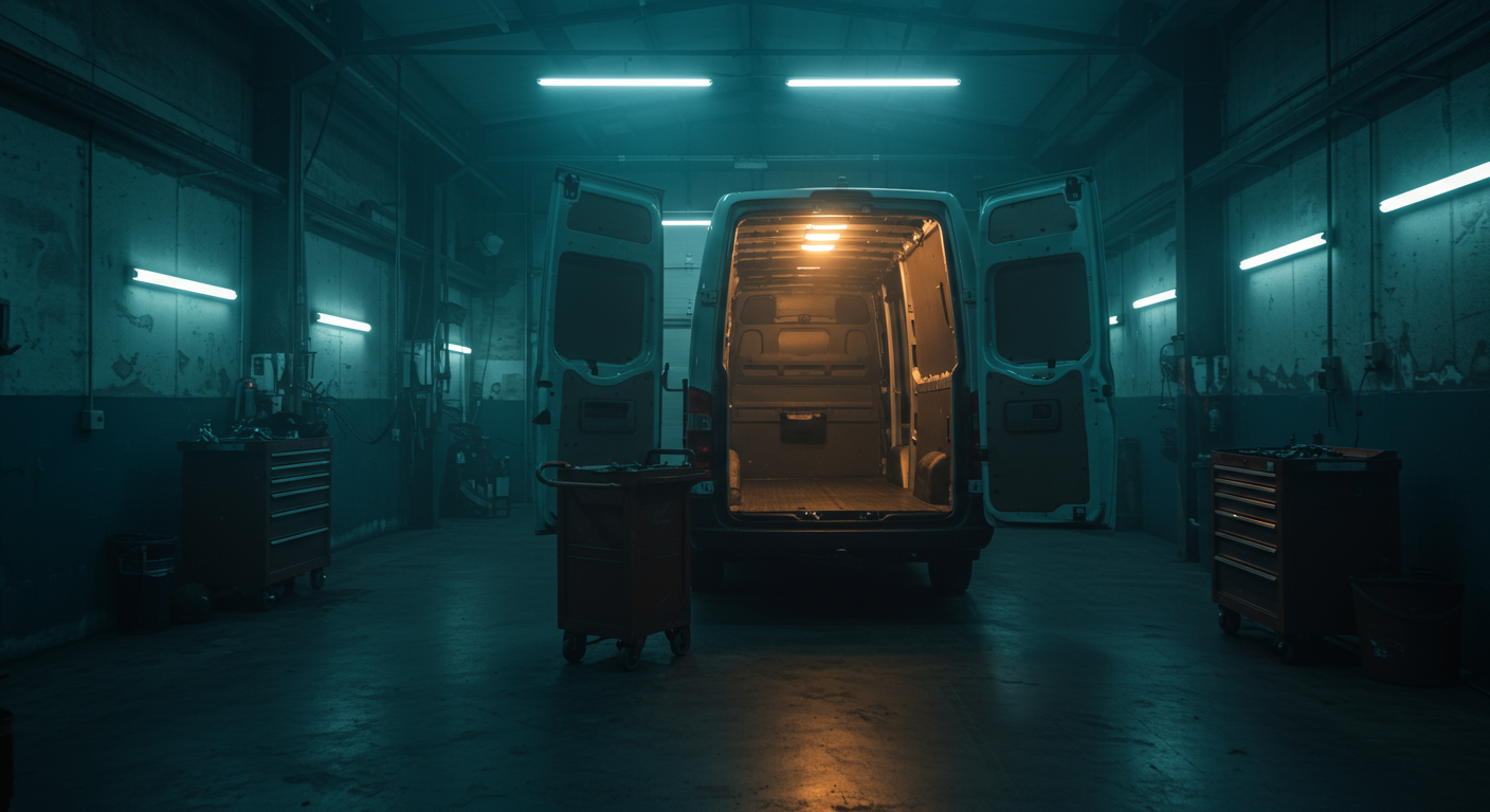 Mercedes-Benz Sprinter dans un atelier professionnel, portes arrière ouvertes