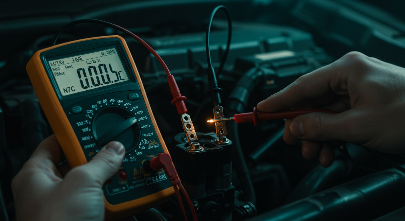 Pointes de multimètre sur les bornes d'une électrovanne N75, test de résistance