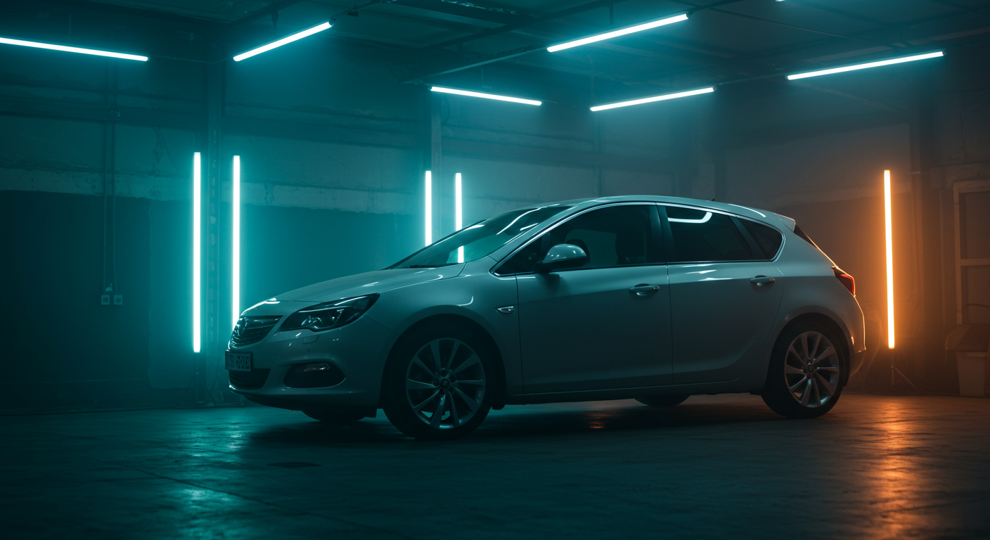 Opel Astra J dans un atelier sous éclairage fluorescent, vue latérale