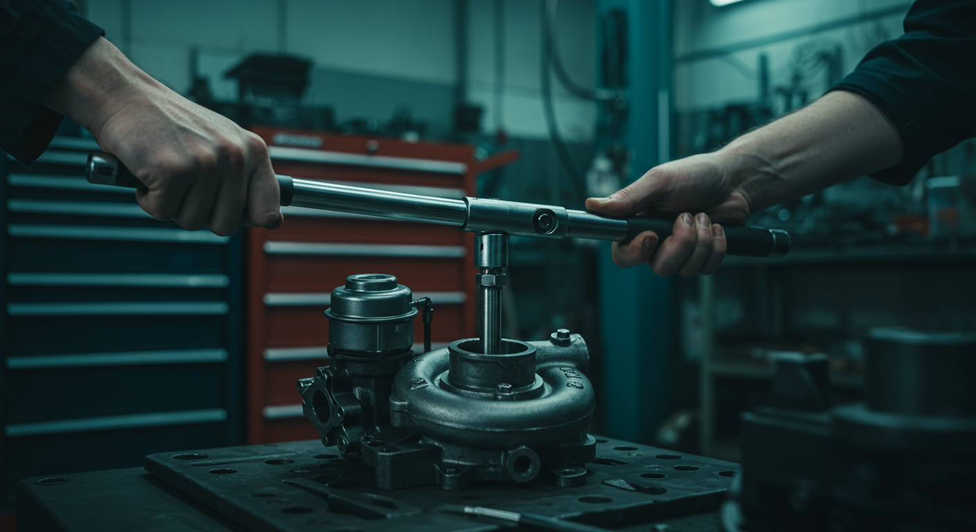 Mécanicien serrant un actuateur de turbocompresseur avec une clé dynamométrique