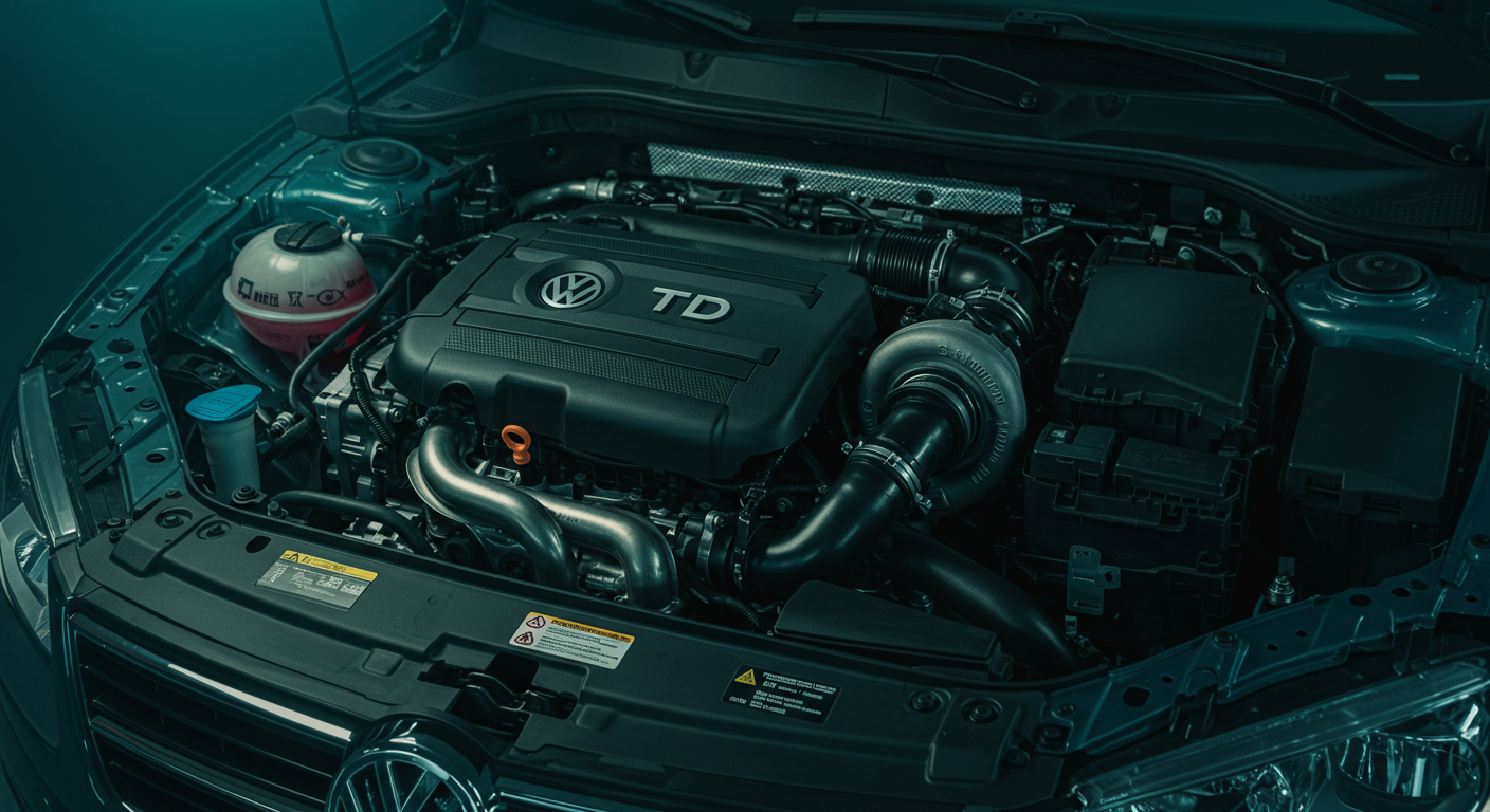 Moteur 2.0 TDI EA189 en atelier avec collecteur d'admission et turbocompresseur visibles