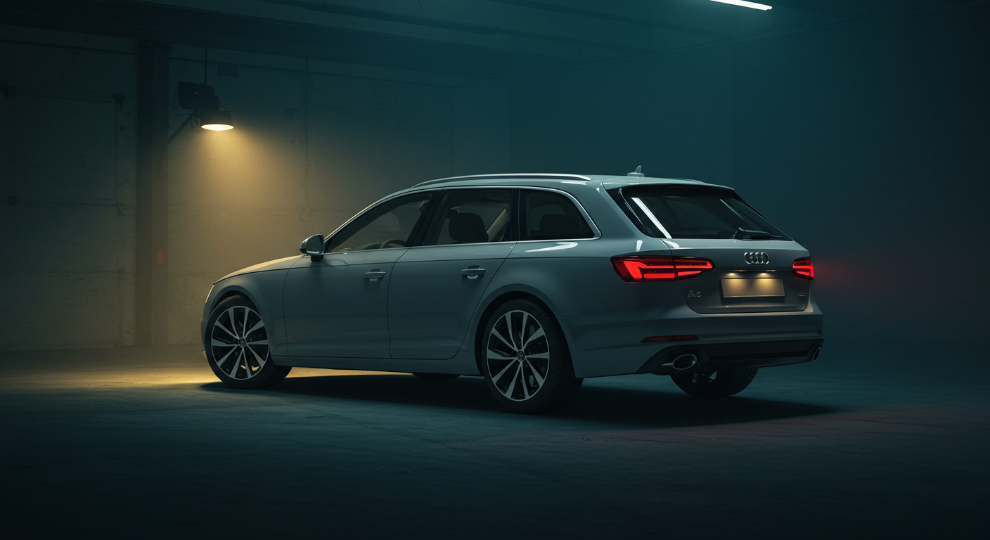Audi A4 Avant dans un atelier industriel sombre, éclairage dramatique