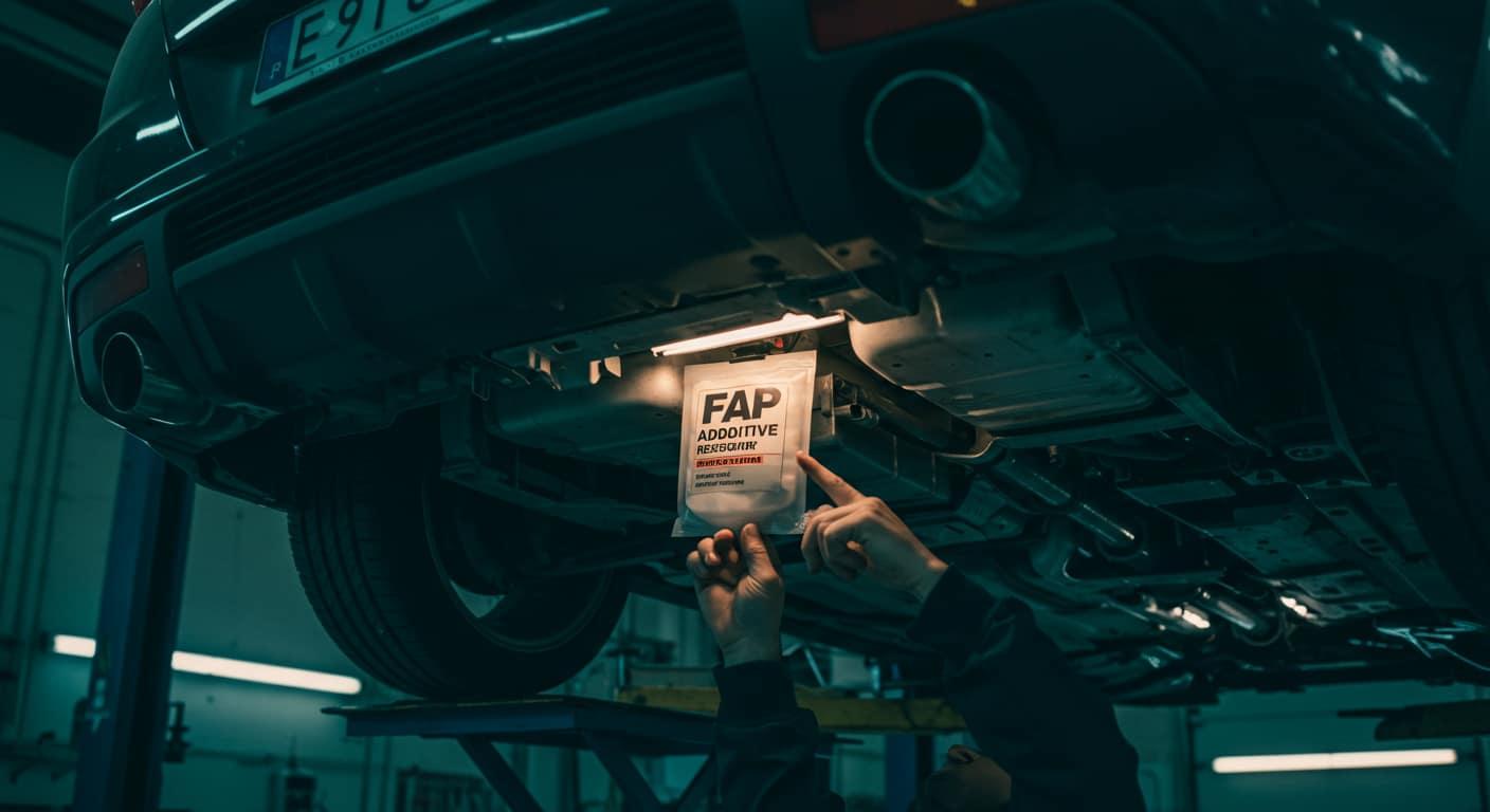 Réservoir d'additif FAP sous le plancher d'une voiture sur pont