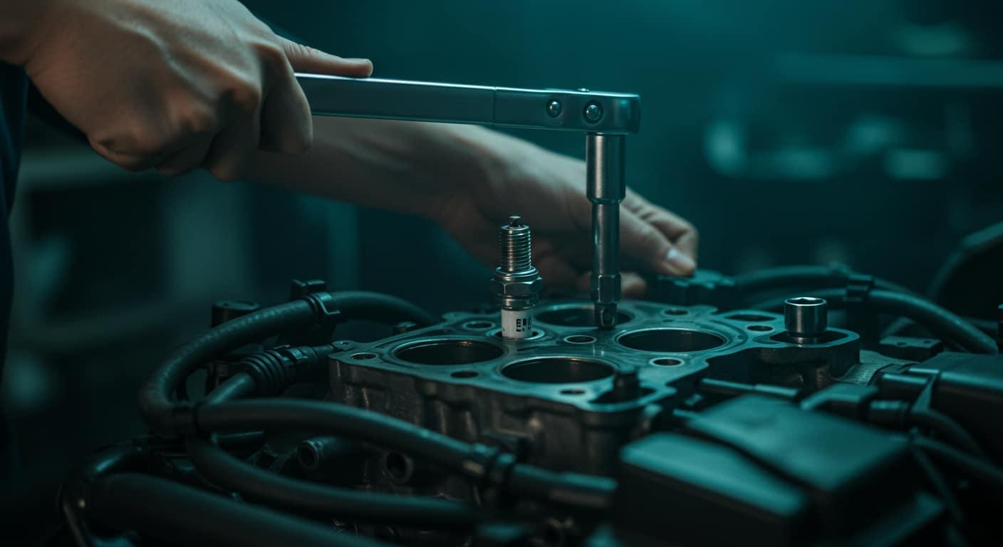 Serrage d'une bougie d'allumage à la clé dynamométrique