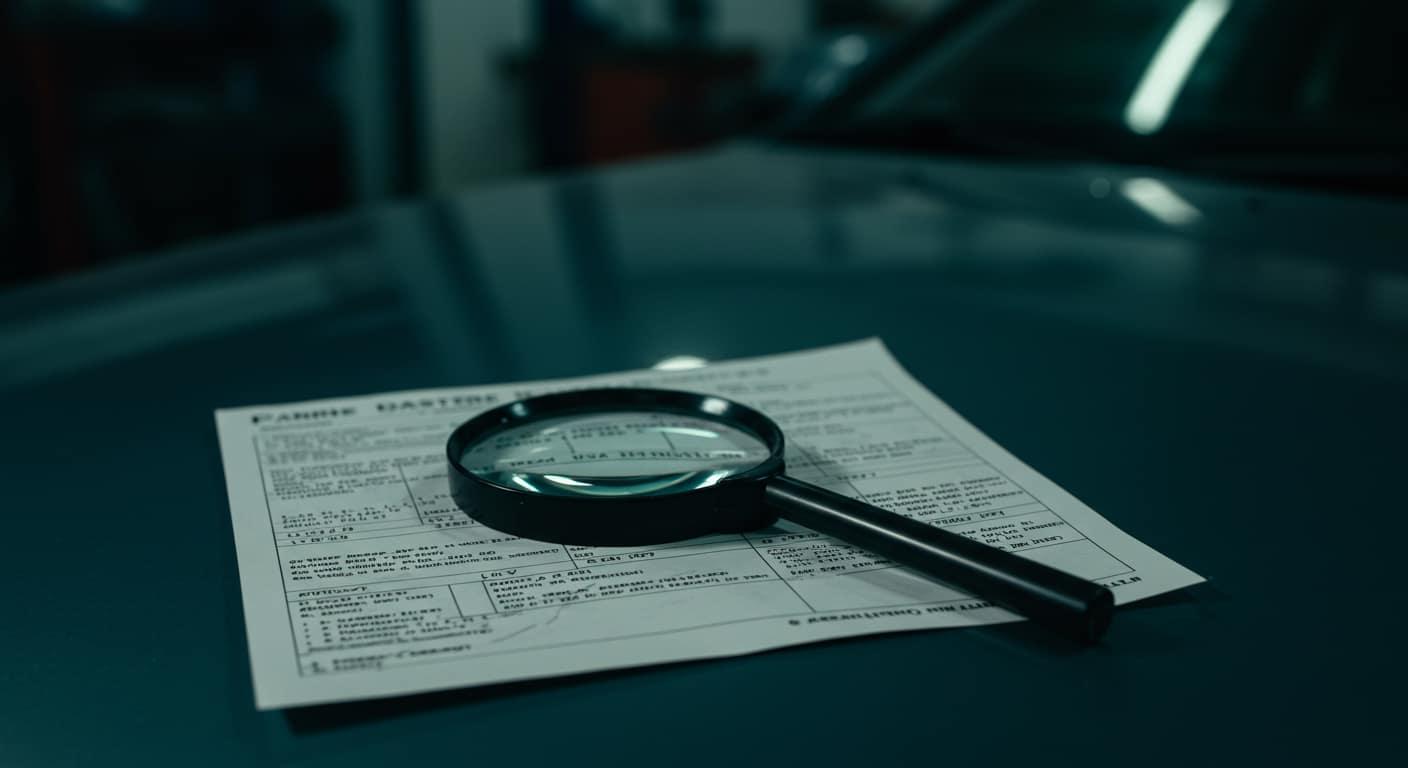 Carte grise posée sur un capot avec une loupe