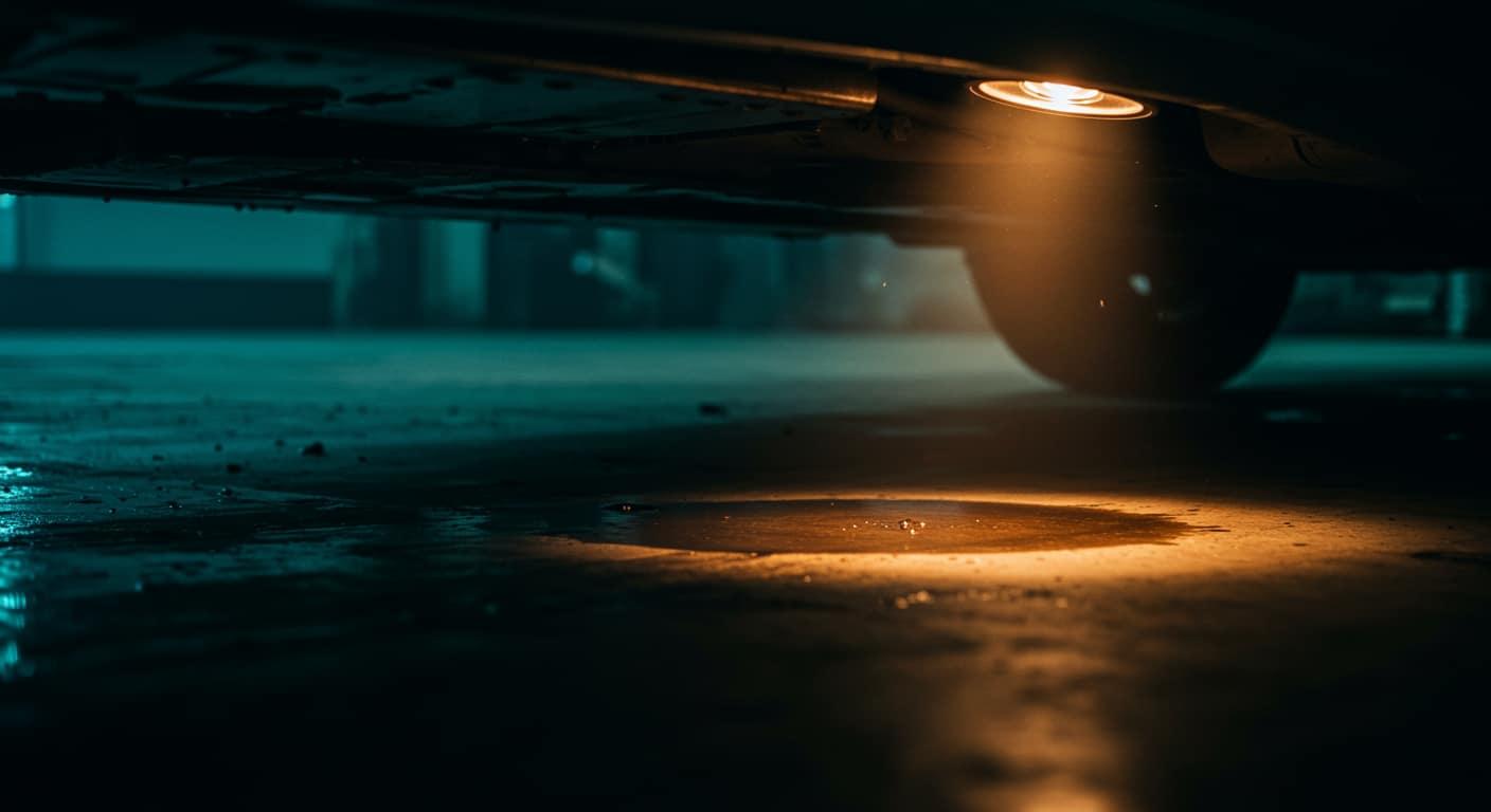 Tache d'huile moteur sous une voiture sur un sol de garage