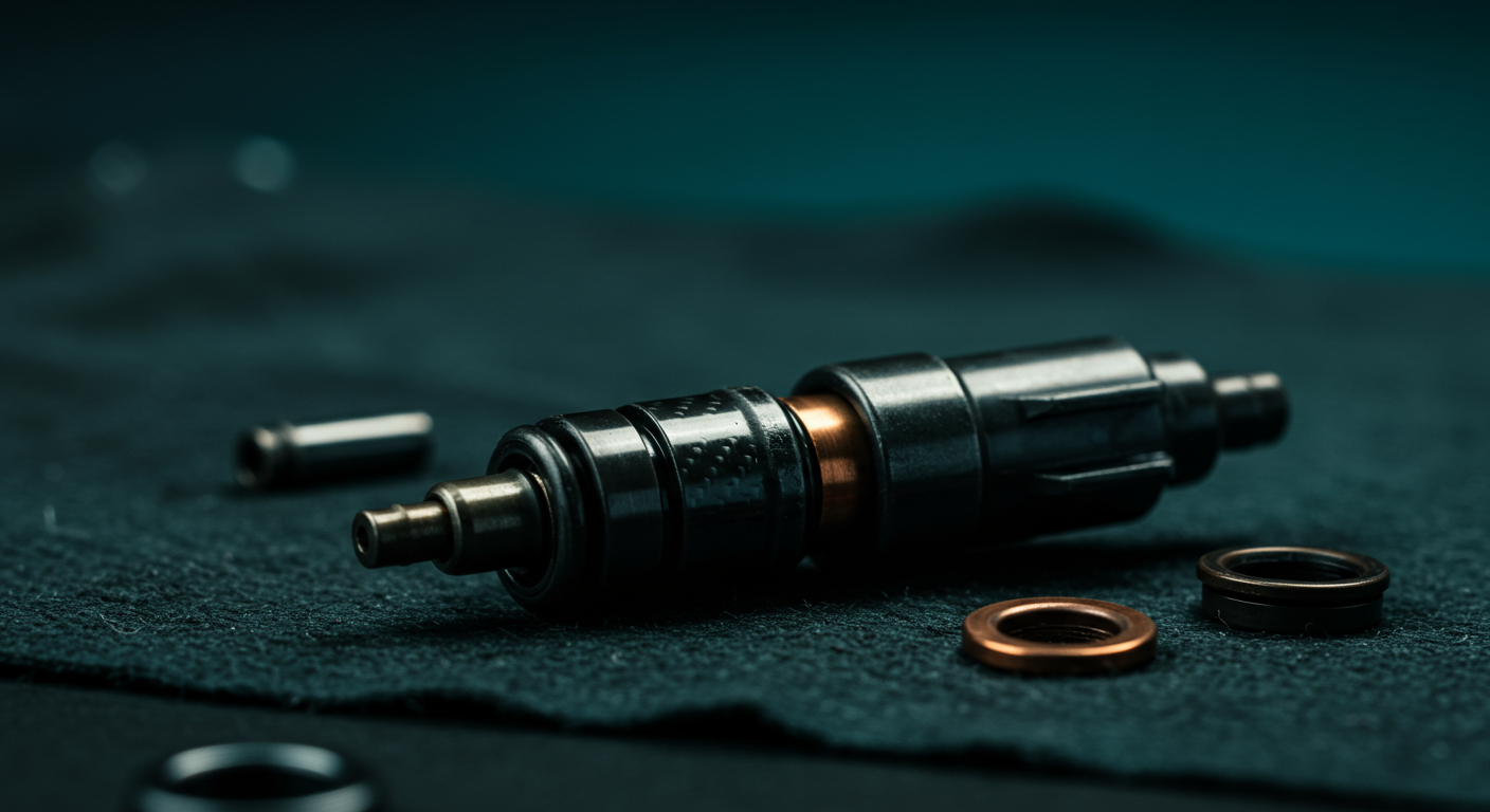Injecteur diesel usagé sur un établi avec rondelle d'étanchéité en cuivre