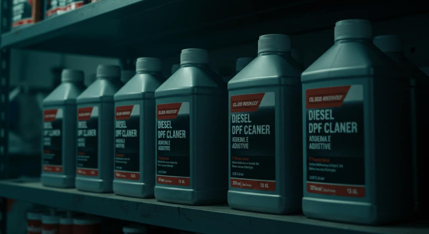 Bidons de nettoyant FAP diesel alignés sur une étagère d'atelier