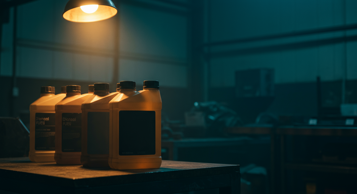 Bidons de nettoyant injecteur diesel alignés sur un établi d'atelier