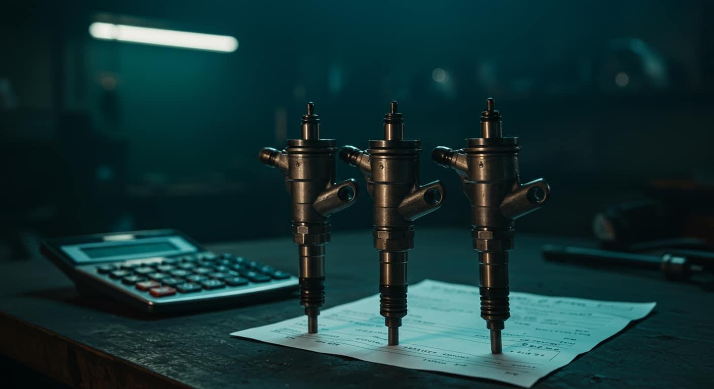 Injecteurs diesel common rail posés sur un établi avec une calculatrice