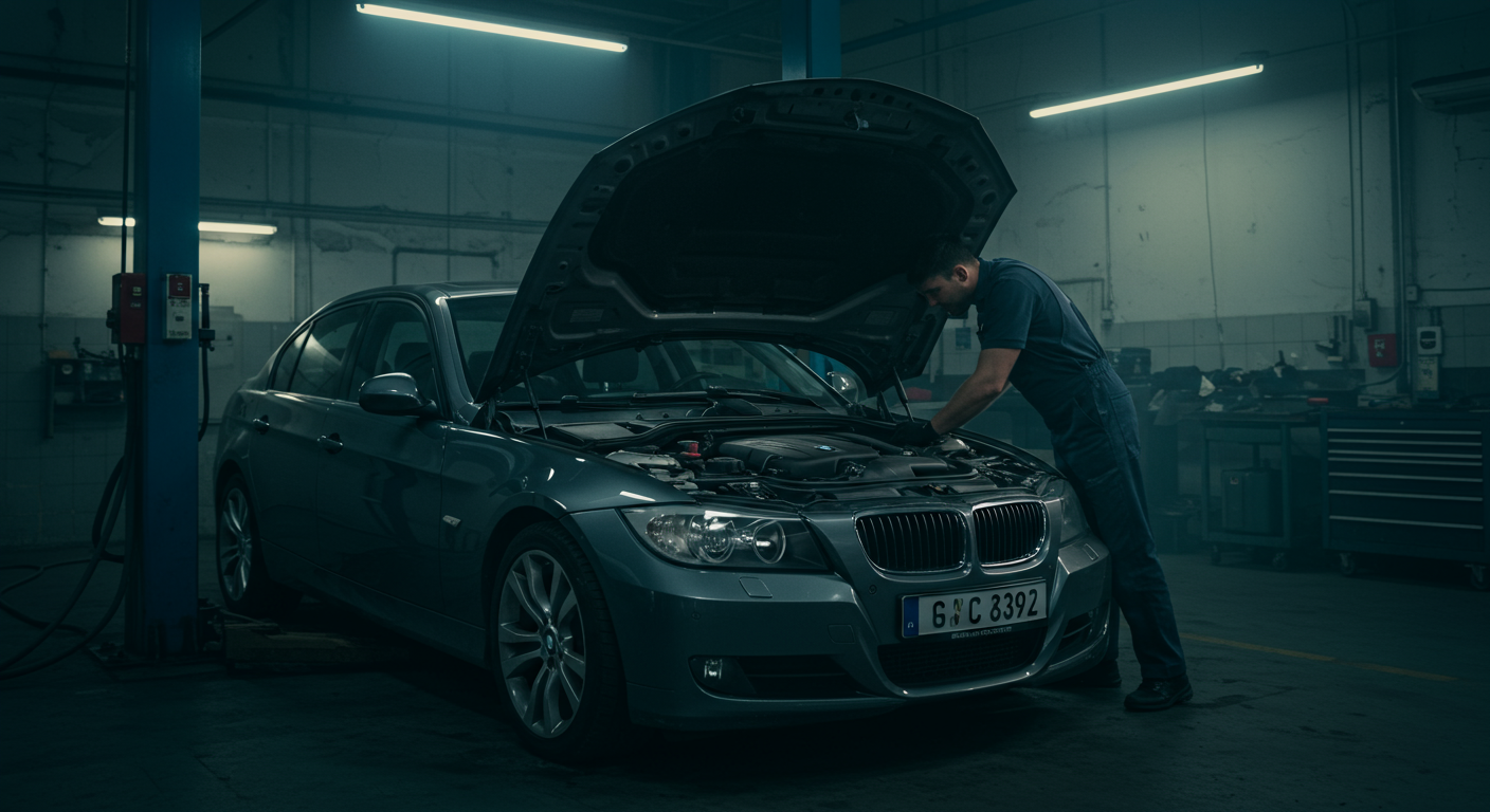 BMW 320d capot ouvert en atelier professionnel, technicien inspectant le moteur N47