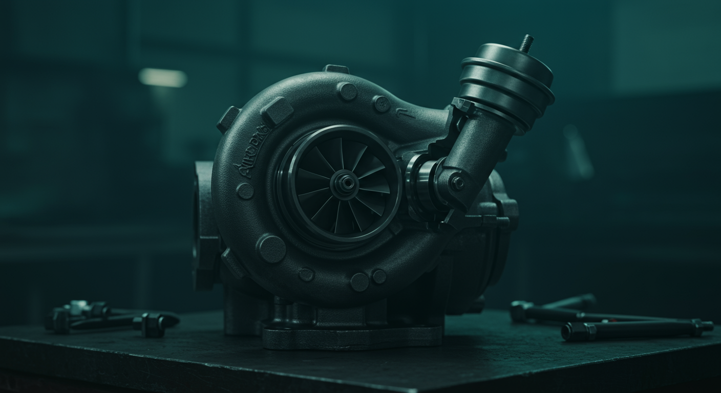 Vue en coupe d'un turbocompresseur à géométrie variable diesel sur un établi d'atelier