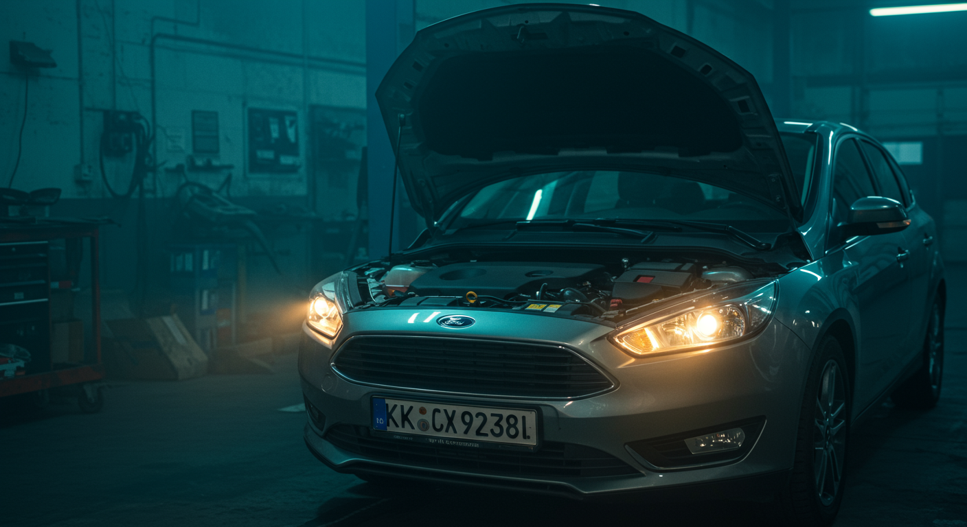 Ford Focus Mk2 capot ouvert en garage, éclairage cinématographique