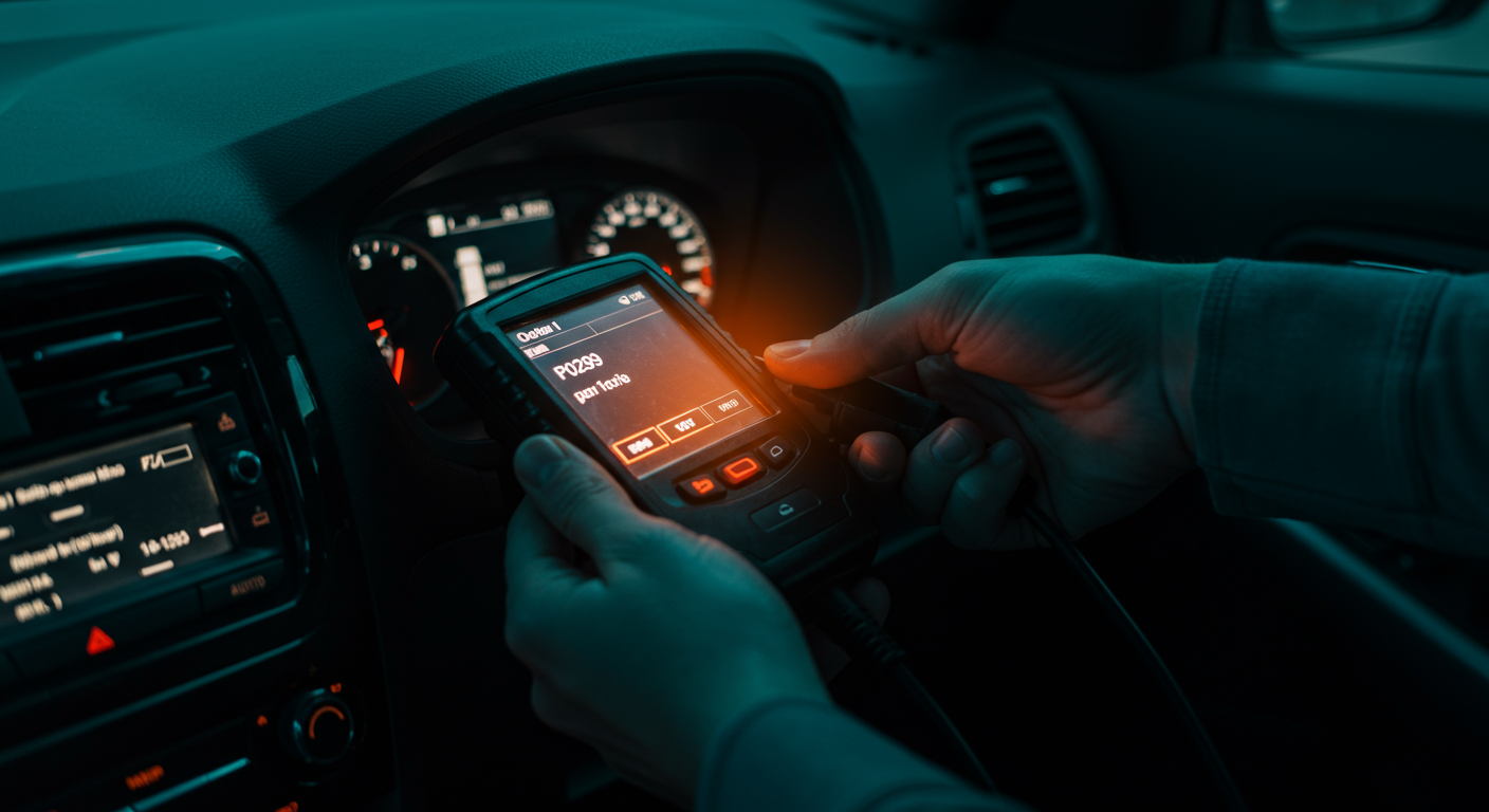 Diagnostic du code défaut P0299 avec un outil OBD-II branché sur la prise diagnostic d'une voiture