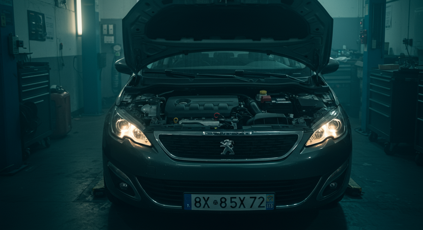 Peugeot 308 capot ouvert en garage mécanique, mains du technicien visibles