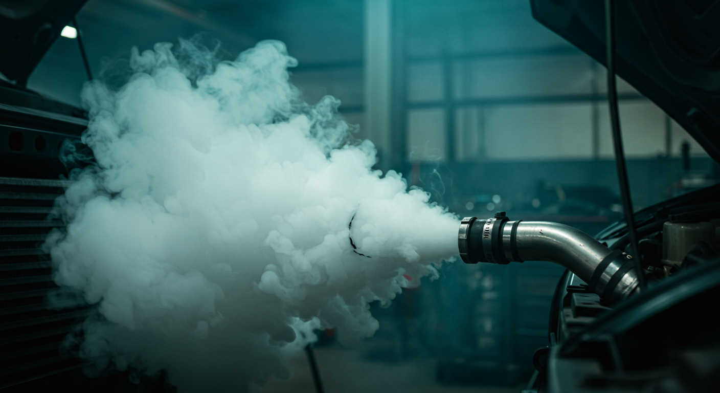 Fumée blanche s'échappant d'une durite d'intercooler fissurée pendant un test fumigène