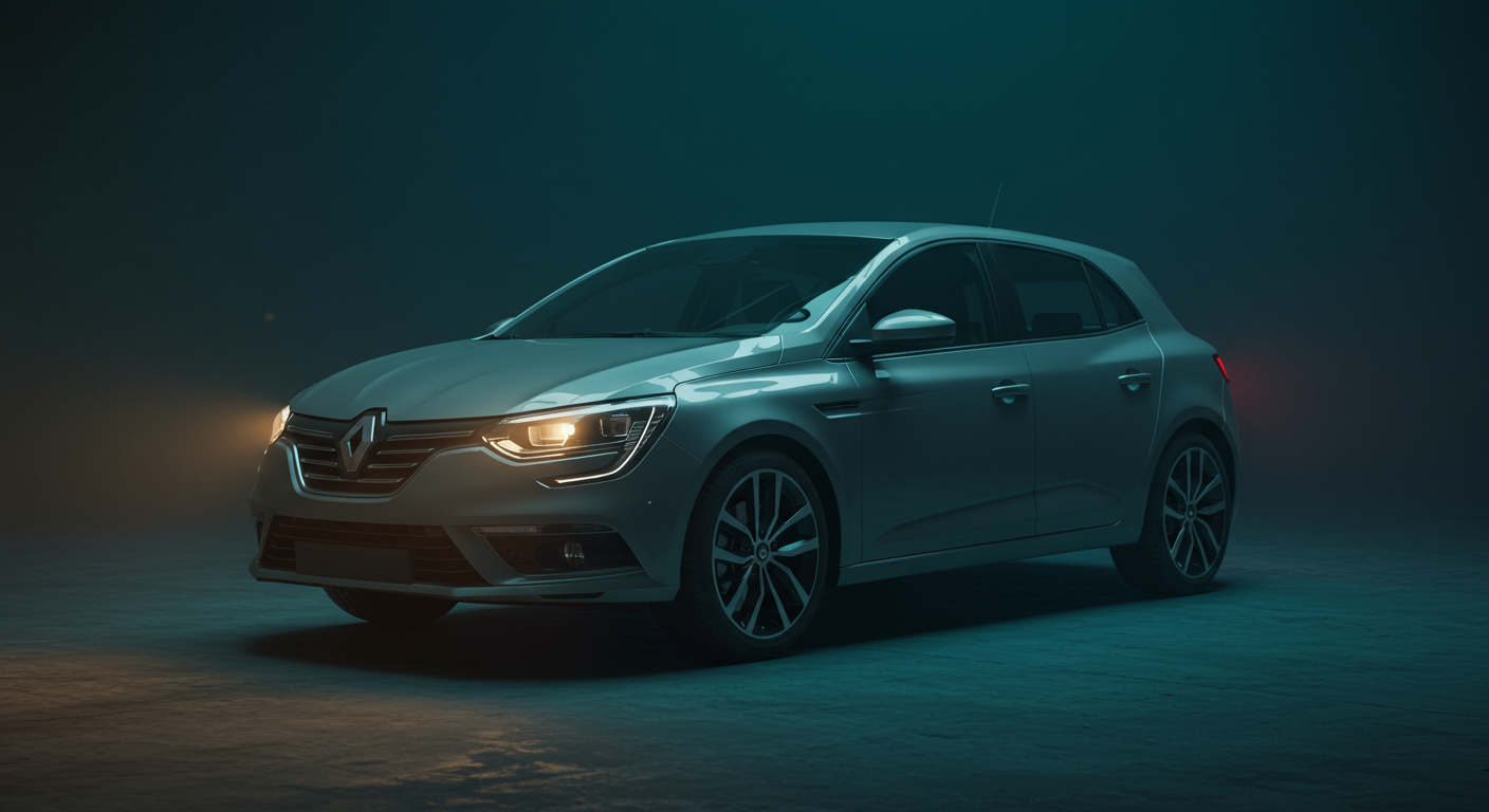 Renault Mégane 3 dans un garage sombre, vue trois quarts avant
