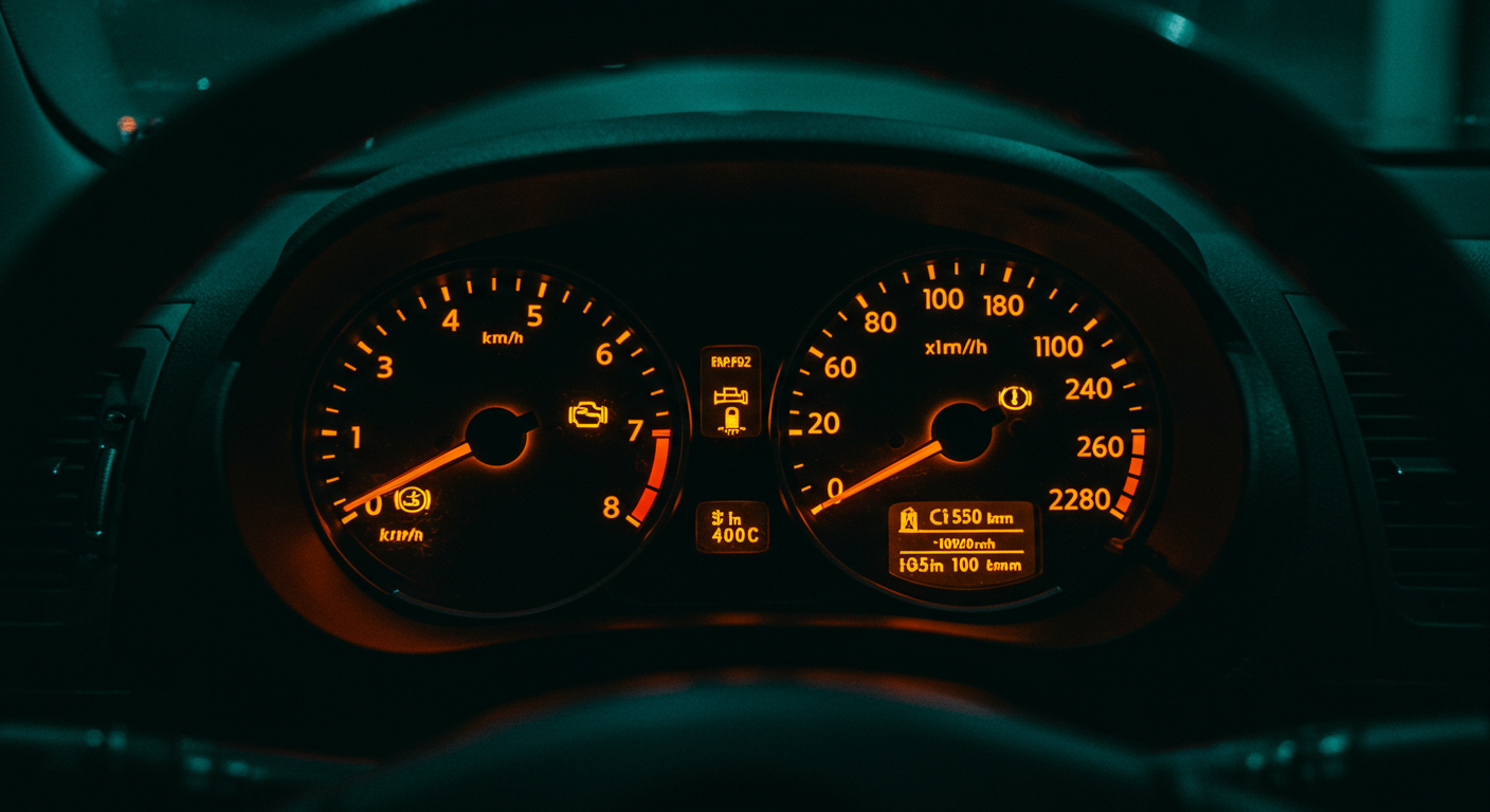 Tableau de bord de voiture avec voyant moteur orange allumé