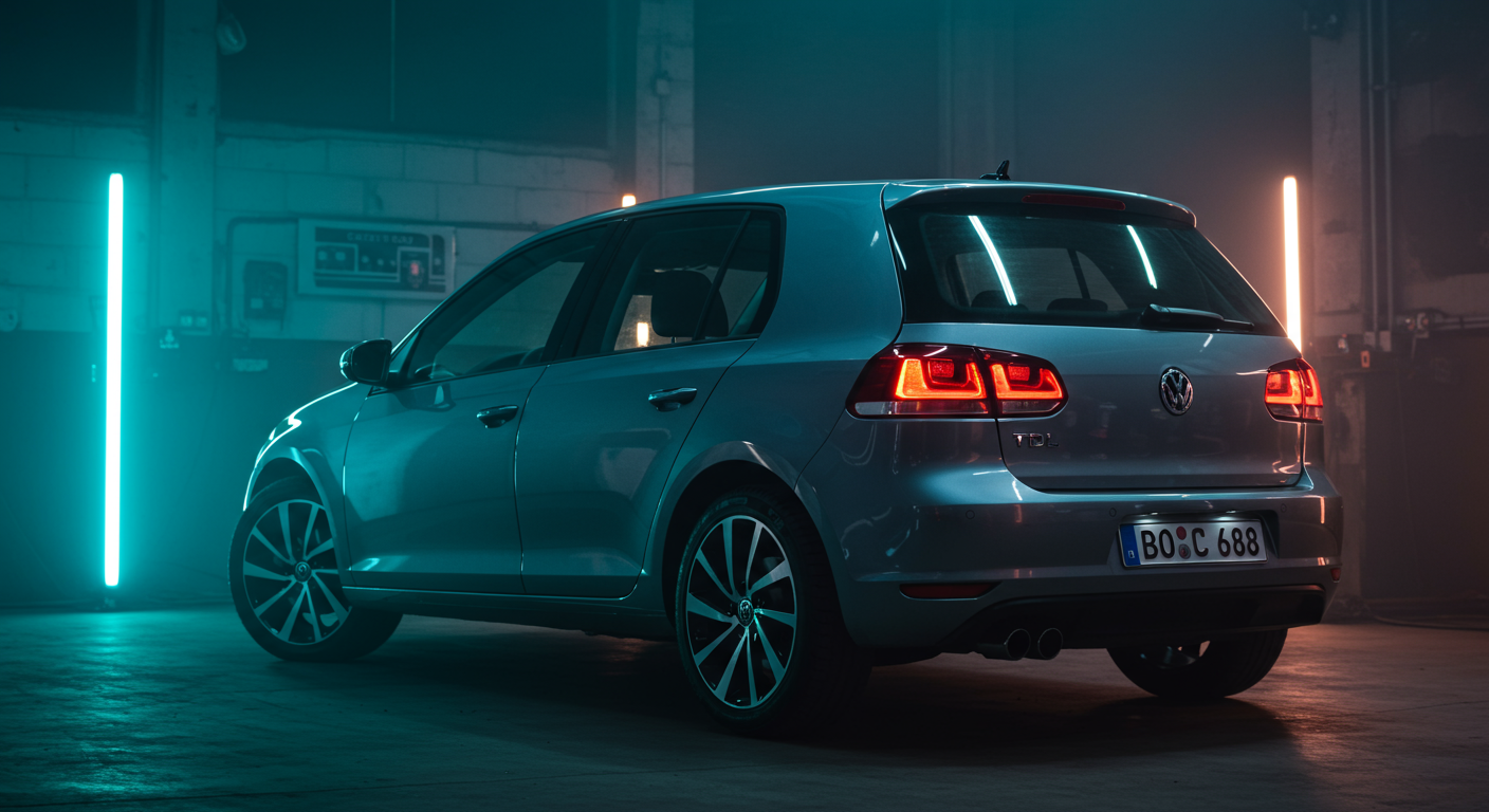 Volkswagen Golf Mk6 TDI en atelier professionnel, vue trois quarts arrière